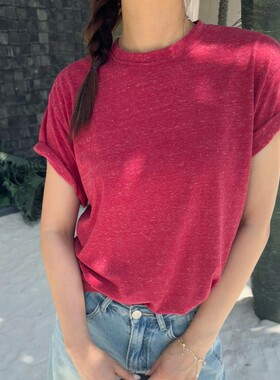 ACRAB 简约进口面料夏日红色降温穿搭舒适宽松圆领短袖T恤上衣女