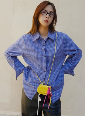 ACRAB  叠穿天花板蓝色格子miu系纯棉衬衫 美式秋季休闲格纹上衣