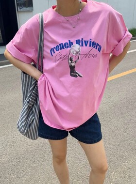 ACRAB 美式复古多巴胺粉色下体失踪中长款连衣裙短袖T恤上衣女装