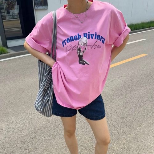 ACRAB美式复古粉色中长款短袖T恤