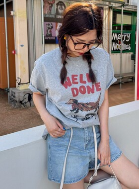 ACRAB 灰色可爱狗狗美式复古手绘印花宽松短袖T恤夏季新款上衣女