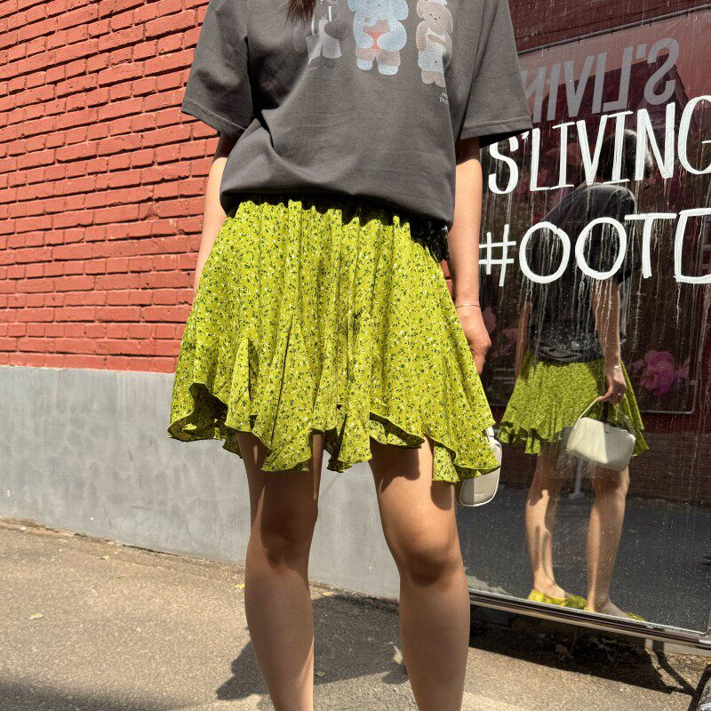 ACRAB 森系清新不规则绿色碎花飘逸复古半身裙裤女夏季新款A字裙