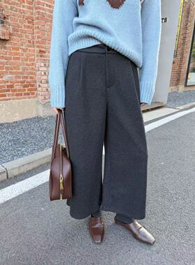 ACRAB 深灰色毛呢阔腿裤女秋冬高腰显瘦宽松八分裤复古气质休闲裤