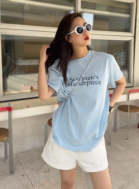 ACRAB 清新浅蓝色简约字母美式复古夏宽松短袖T恤女慵懒宽松上衣