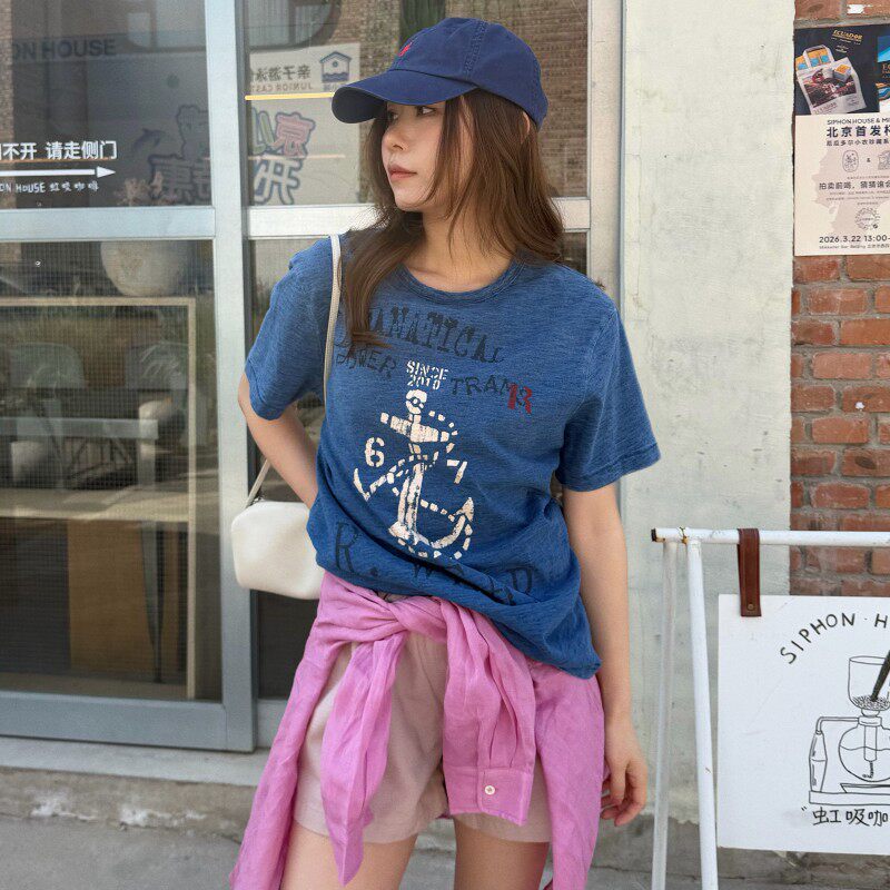 【4/15 New 】ACRAB 美式复古船锚航海做旧水洗蓝短袖T恤宽松上衣