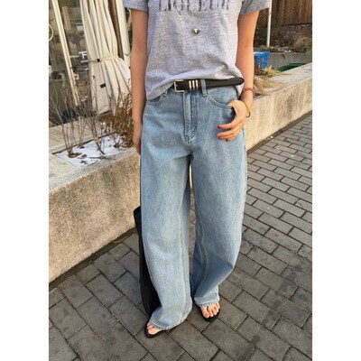 早春浅蓝复古做旧水洗牛仔长裤
