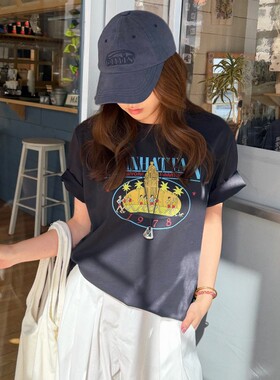 ACRAB 美式做旧蓝黑色圆领宽松印花休闲全棉短袖T恤夏季上衣女装