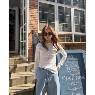 设计感斜下摆铆钉白色长袖 ACRAB T恤通勤内搭上衣 New