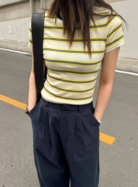 ACRAB复古黄色修身针织条纹短袖T恤miu系穿搭上衣
