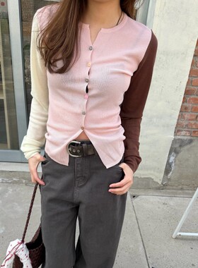 【3/23 New 】ACRAB撞色开衫女长袖粉色修身纽扣上衣设计感针织衫