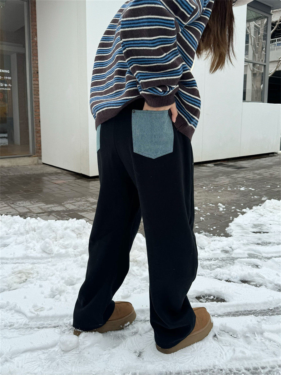 美式弯刀加绒加厚撞色秋冬休闲裤