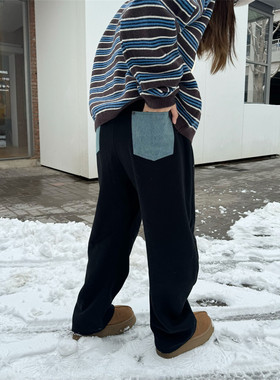 ACRAB 秋冬美式弯刀加绒加厚撞色黑色卫裤运动裤阔腿休闲裤长裤女