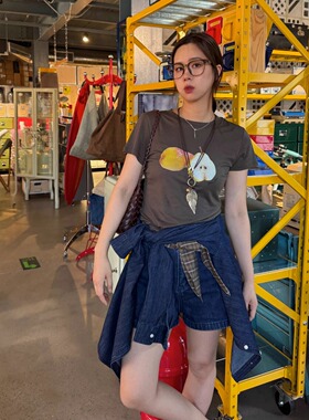 ACRAB 天丝羊毛混纺香梨图案弹力修身短袖T恤 秋季软糯内搭上衣女