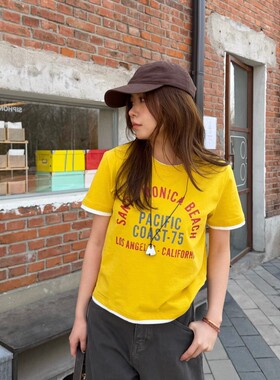 【3/23 New 】ACRAB 美式复古黄色字母印花短袖T恤女撞色假两件