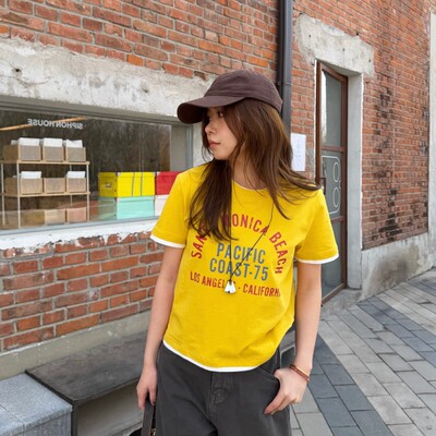 美式复古撞色假两件短袖T恤女