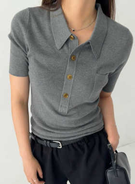 ACRAB miu系灰色高级感天丝面料透气清爽正肩polo领针织短袖T恤女