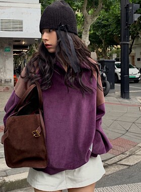 ACRAB 复古氛围感拉满美式紫色宽松插肩袖拼接绒感polo领卫衣上衣
