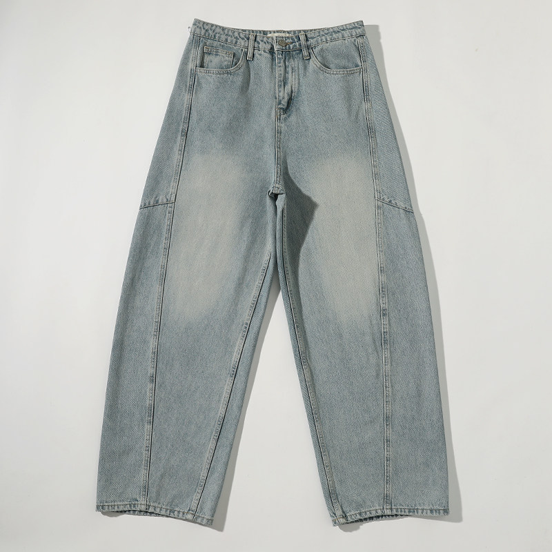 男士高级时髦浅蓝香蕉牛仔裤春季中腰阔腿裤情侣宽松慵懒风弯刀裤