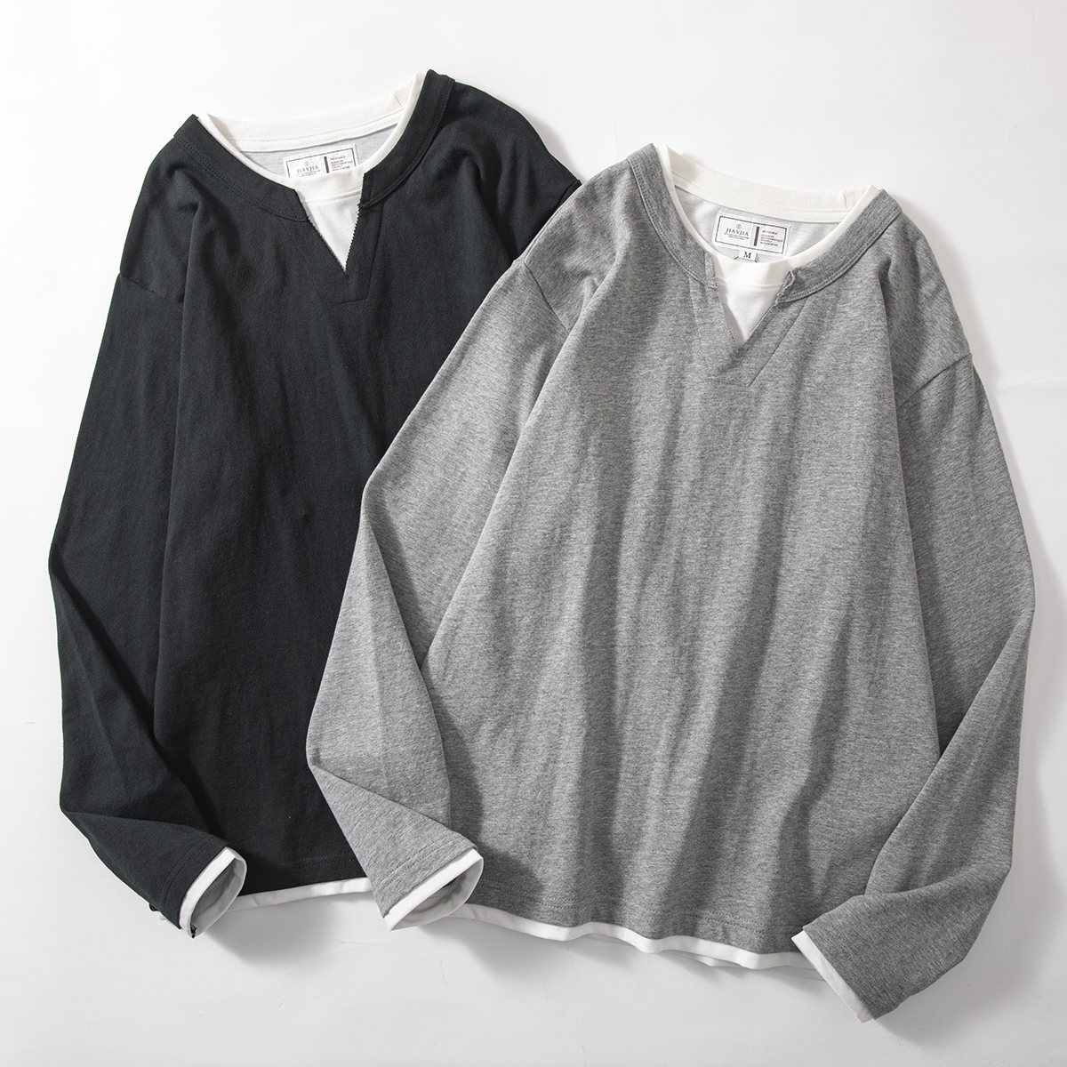 美式复古高街撞色假两件长袖T恤