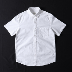 休闲纽扣领衬衣男女咔叽白衬衫 复古牛津纺麻棉重磅短袖 美式 文艺