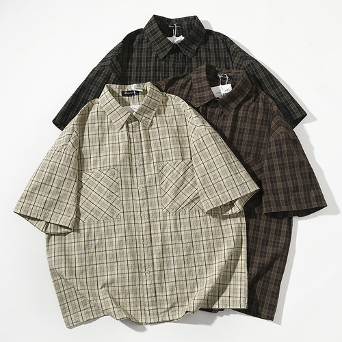 日系复古廓形格子条纹短袖衬衫