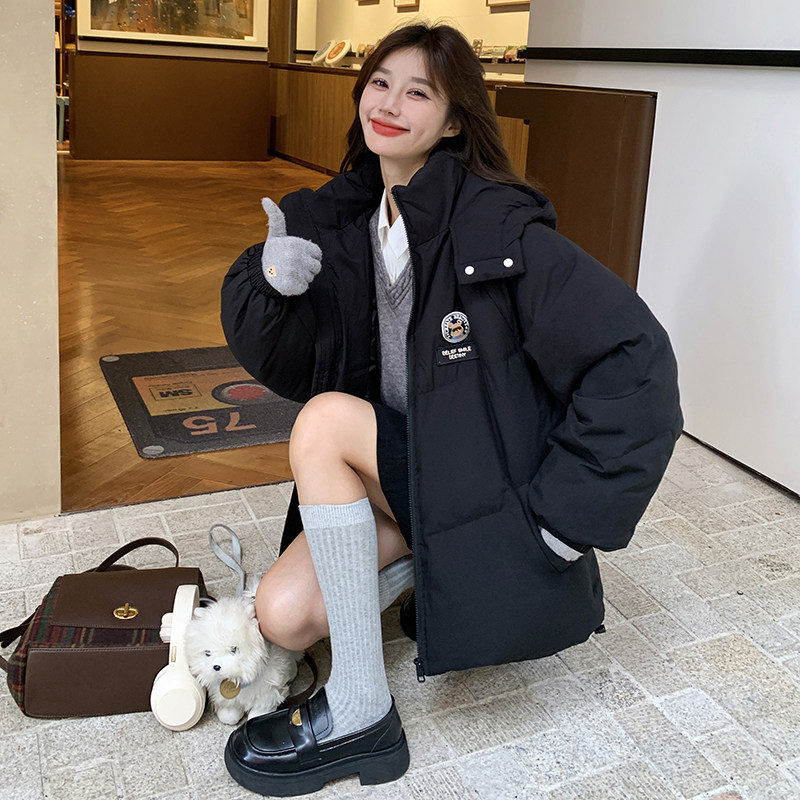 黑色学院风连帽羽绒棉服女冬季新款小个子加厚流行保暖棉袄外套,女装棉衣/棉服,2B193