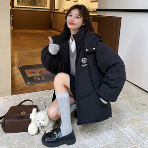 黑色学院风连帽羽绒棉服女冬季新款小个子加厚流行保暖棉袄外套图片