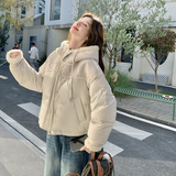 韩系羊羔毛拼接连帽羽绒服女2025冬新款短款米白色保暖面包服外套，女装羽绒服，2B193