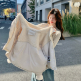 韩系羊羔毛拼接连帽羽绒服女2025冬新款短款米白色保暖面包服外套，女装羽绒服，2B193