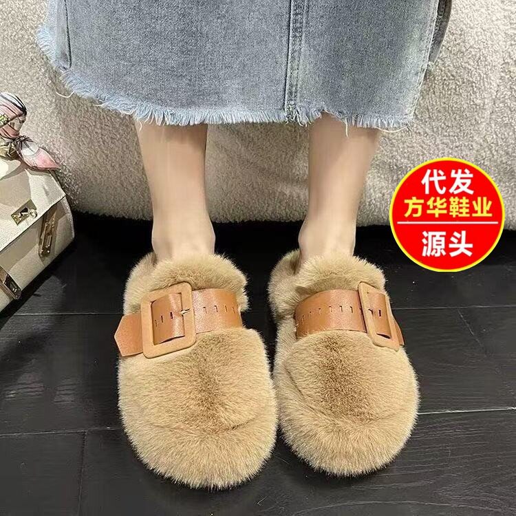 包头毛毛拖鞋女外穿2025新款厚底皮带扣无后跟懒人半拖小众棉拖鞋