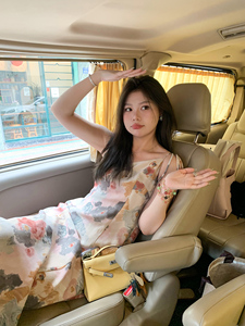现货!脚趾筋夏季黎巴嫩油画吊带裙女收腰显瘦微胖mm印花V领连衣裙