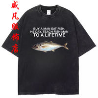 Retro washed black, interesting, quirky and funny abstract fish printed round-neck T-shirt, short-sleeved American Gothic style top thumbnail 8
