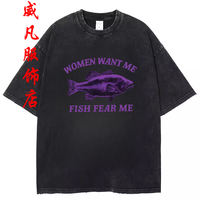 Retro washed black, interesting, quirky and funny abstract fish printed round-neck T-shirt, short-sleeved American Gothic style top thumbnail 7