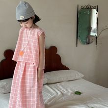 童套装2025夏款女宝宝韩版粉色格子无袖背心儿童薄款长裤子两件套