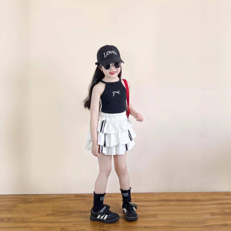 女童夏款辣妹装刺绣蝴蝶结黑色挂脖拉条吊带背心短款上衣拉条半裙