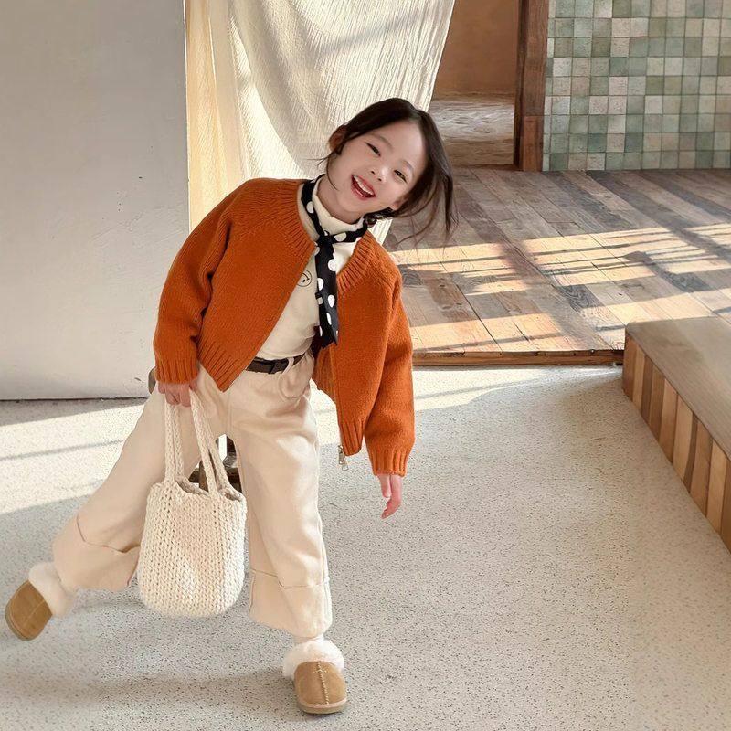 现货2025年秋女童南瓜橘色韩系毛衣开衫儿童宽松短款针织开衫外套
