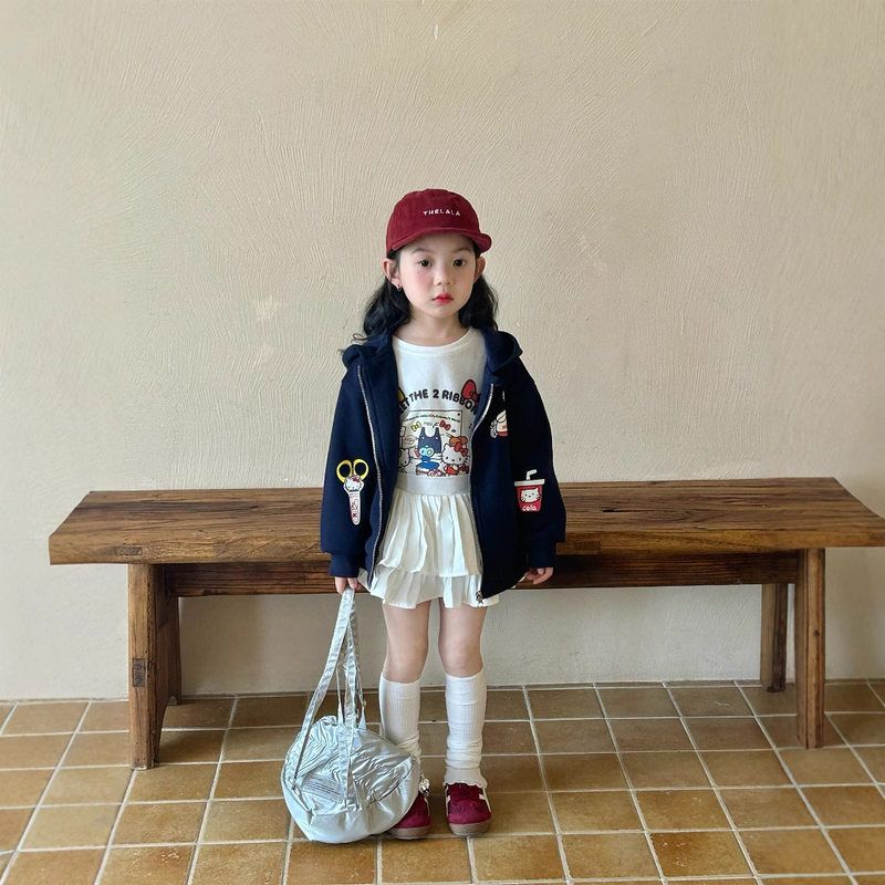 2025年春季新款女童卡通连帽外套+洋气长袖T恤＋荷叶边裙裤三件套