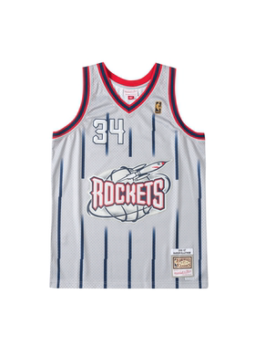正品MN复古火箭队奥拉朱旺34号灰色NBASW球迷版球衣
