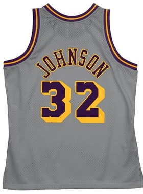 正品MN复古  湖人队 约翰逊 32号 灰色 NBA SW球迷版球衣