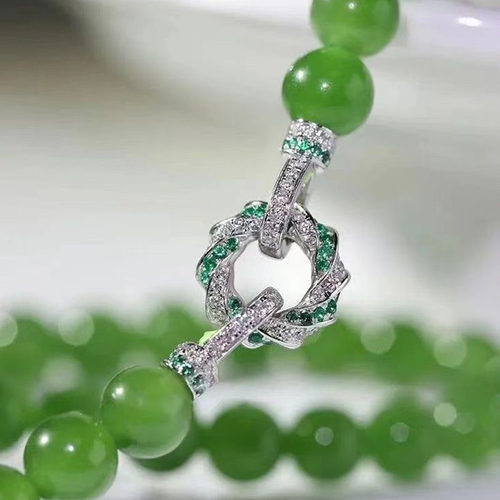 祖母绿珍珠项链满钻镀金镶嵌扣头