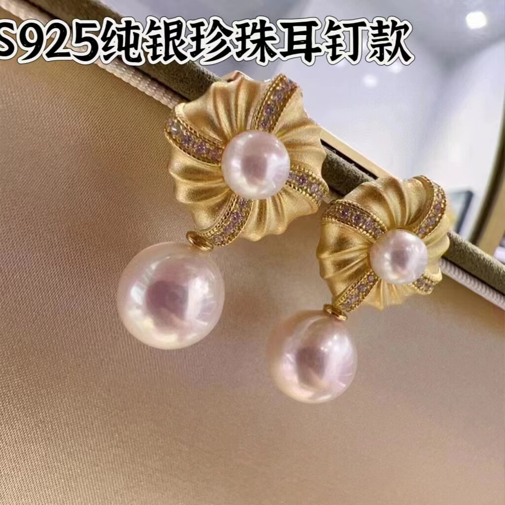 S925纯银曲奇磨砂珍珠耳环耳钉