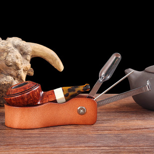 真皮烟斗架座多功能烟斗架牛皮便携烟斗收纳架烟刀通针压棒四合一