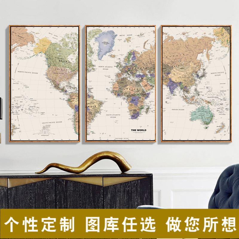 复古英文地图高清微喷打印挂画壁画画芯画布客厅卧室办公室画心
