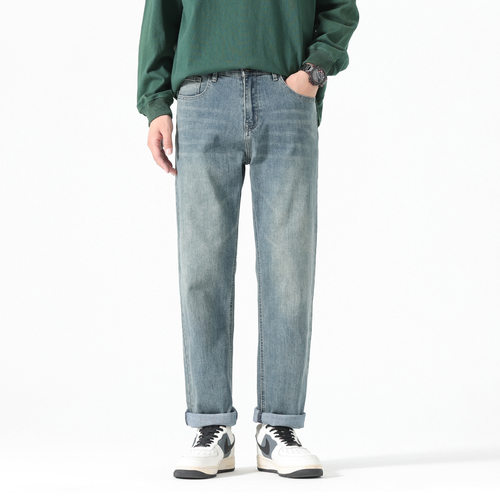 秋季宽松锥形高街牛仔裤男显瘦显高韩版小直筒裤子男士浅蓝色潮