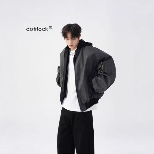 原创设计美式复古棒球服男秋冬宽松休闲短款连帽pu皮纹理夹克外套