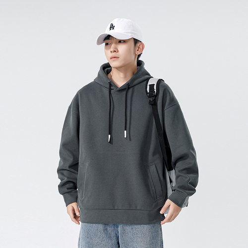 重磅连帽卫衣男秋季美式潮牌纯色套头帽衫上衣男士长袖保暖外套