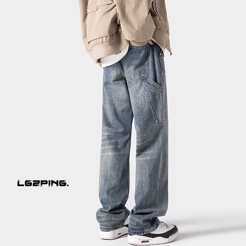 复古水洗做旧漆点蓝色牛仔裤宽松直筒vintage百搭长裤子潮牌美式