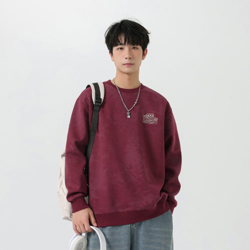 秋冬重磅酒红男青年潮牌卫衣