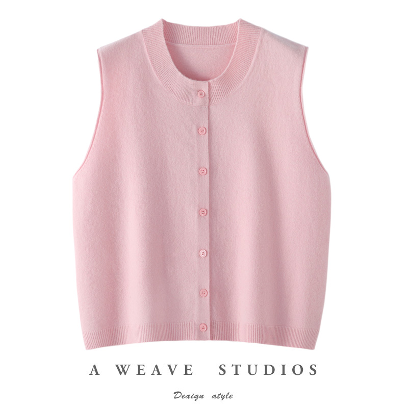2025春秋新款100%纯羊毛针织马甲开衫女简约宽松百搭背心叠穿外搭