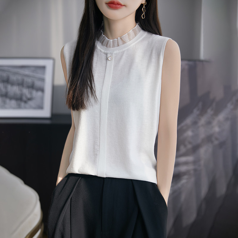 春夏新款薄款精纺羊毛背心女蕾丝花边领气质无袖内搭上衣打底衫